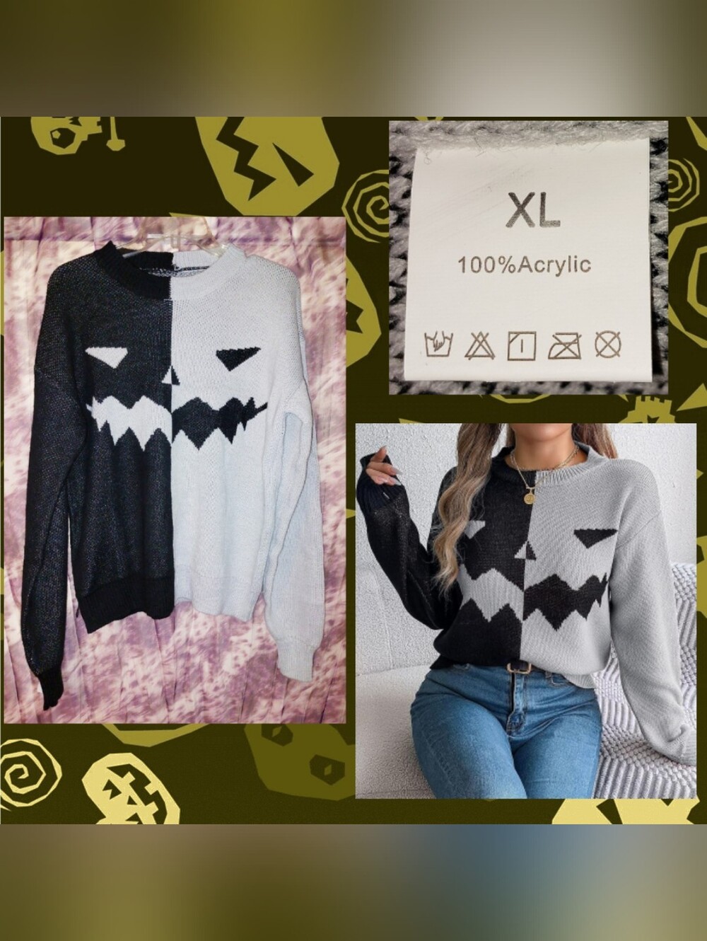 Blk & Gray Halloween Smiley Jack-O-Latern Face Knit Pullover Crewneck Sweater XL